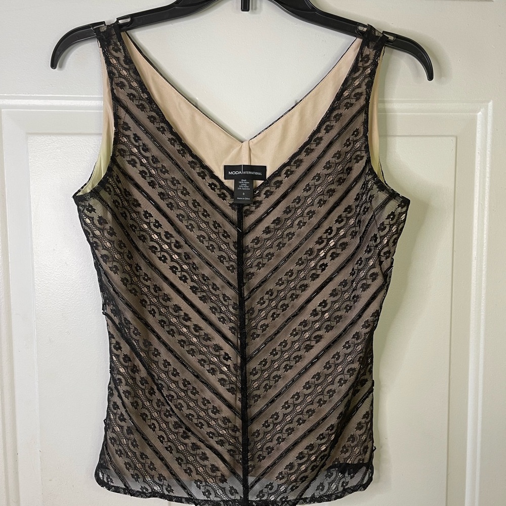 LAST CHANCE - Moda International sleeveless top cream lining and black lace